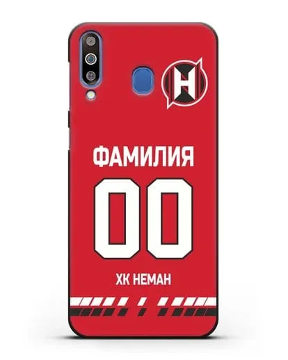 Именной чехол ХК Неман Гродно с фамилией и номером (сезон 2019-2020) красная форма силиконовый для Samsung Galaxy M30 [SM-M305F]