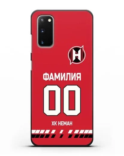 Именной чехол ХК Неман Гродно с фамилией и номером (сезон 2019-2020) красная форма силиконовый для Samsung Galaxy S20 [SM-G980F]