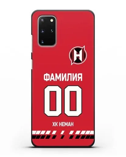 Именной чехол ХК Неман Гродно с фамилией и номером (сезон 2019-2020) красная форма силиконовый для Samsung Galaxy S20 Plus [SM-G985F]