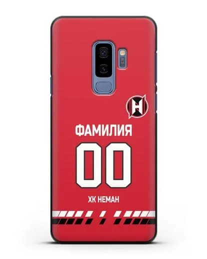 Именной чехол ХК Неман Гродно с фамилией и номером (сезон 2019-2020) красная форма силиконовый для Samsung Galaxy S9 Plus [SM-G965F]