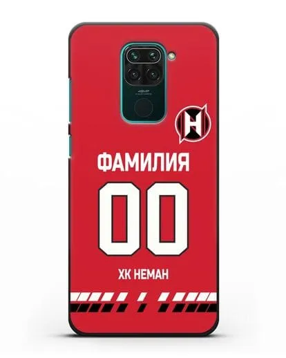 Именной чехол ХК Неман Гродно с фамилией и номером (сезон 2019-2020) красная форма силиконовый для Xiaomi Redmi Note 9