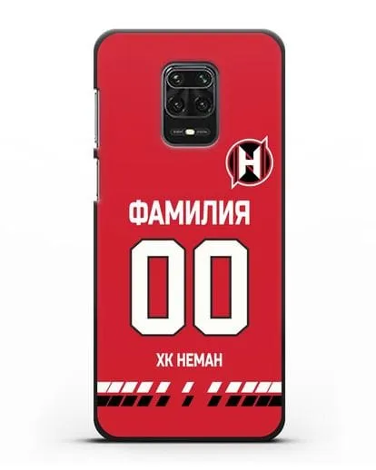 Именной чехол ХК Неман Гродно с фамилией и номером (сезон 2019-2020) красная форма силиконовый для Xiaomi Redmi Note 9S