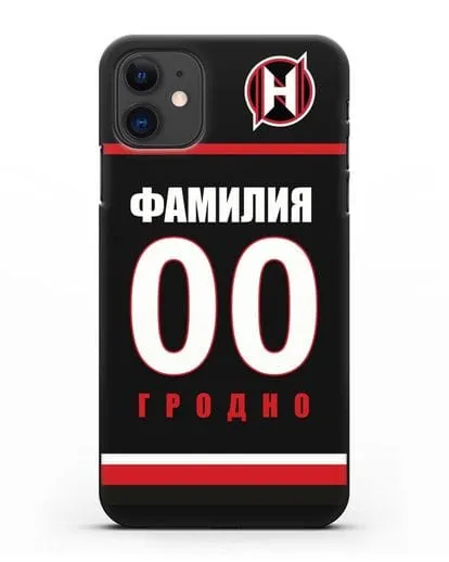 Именной чехол ХК Неман Гродно с фамилией и номером (сезон 2018-2019) черная форма силиконовый для iPhone 11