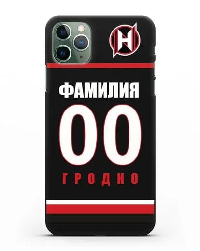 Именной чехол ХК Неман Гродно с фамилией и номером (сезон 2018-2019) черная форма силиконовый для iPhone 11 Pro