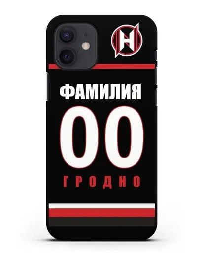 Именной чехол ХК Неман Гродно с фамилией и номером (сезон 2018-2019) черная форма силиконовый для iPhone 12