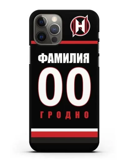 Именной чехол ХК Неман Гродно с фамилией и номером (сезон 2018-2019) черная форма силиконовый для iPhone 12 Pro