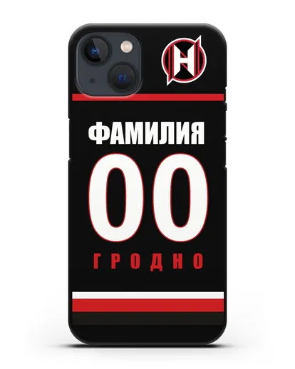 Именной чехол ХК Неман Гродно с фамилией и номером (сезон 2018-2019) черная форма силиконовый для iPhone 13
