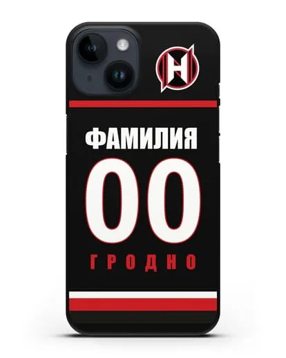 Именной чехол ХК Неман Гродно с фамилией и номером (сезон 2018-2019) черная форма силиконовый для iPhone 14