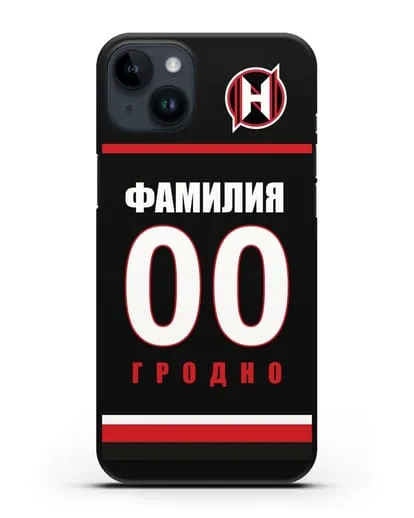 Именной чехол ХК Неман Гродно с фамилией и номером (сезон 2018-2019) черная форма силиконовый для iPhone 14 Plus