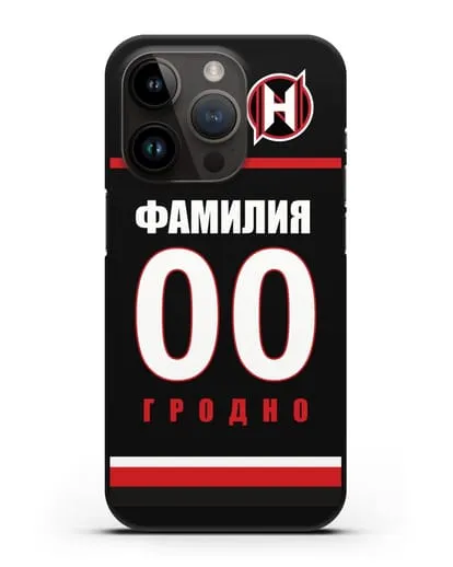 Именной чехол ХК Неман Гродно с фамилией и номером (сезон 2018-2019) черная форма силиконовый для iPhone 14 Pro
