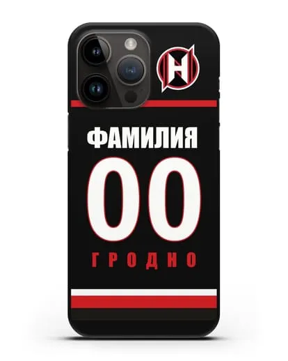 Именной чехол ХК Неман Гродно с фамилией и номером (сезон 2018-2019) черная форма силиконовый для iPhone 14 Pro Max