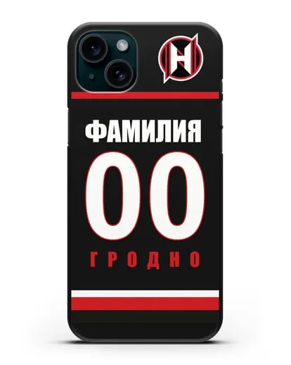 Именной чехол ХК Неман Гродно с фамилией и номером (сезон 2018-2019) черная форма силиконовый для iPhone 15 Plus