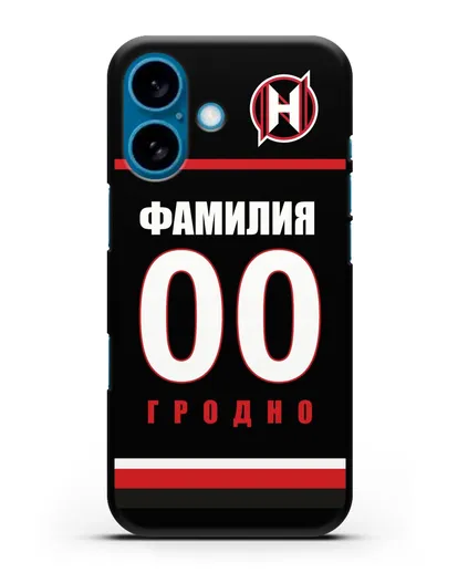 Именной чехол ХК Неман Гродно с фамилией и номером (сезон 2018-2019) черная форма силиконовый для iPhone 16