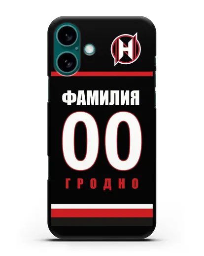 Именной чехол ХК Неман Гродно с фамилией и номером (сезон 2018-2019) черная форма силиконовый для iPhone 16 Plus