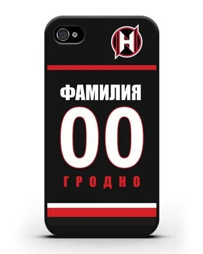 Именной чехол ХК Неман Гродно с фамилией и номером (сезон 2018-2019) черная форма силиконовый для iPhone 4/4s