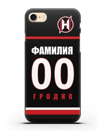Именной чехол ХК Неман Гродно с фамилией и номером (сезон 2018-2019) черная форма силиконовый для iPhone 7