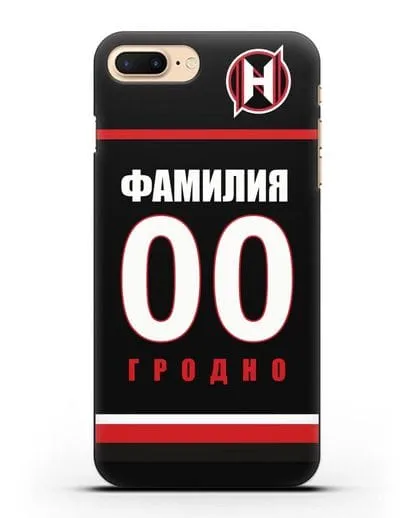 Именной чехол ХК Неман Гродно с фамилией и номером (сезон 2018-2019) черная форма силиконовый для iPhone 8 Plus
