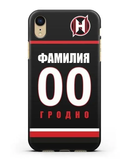 Именной чехол ХК Неман Гродно с фамилией и номером (сезон 2018-2019) черная форма силиконовый для iPhone XR
