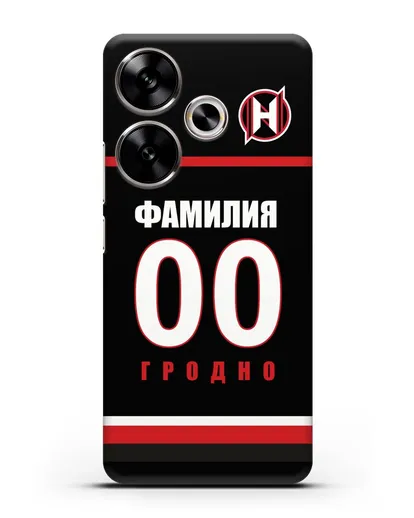 Именной чехол ХК Неман Гродно с фамилией и номером (сезон 2018-2019) черная форма силиконовый для Xiaomi Poco F6