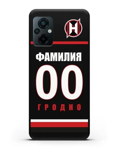 Именной чехол ХК Неман Гродно с фамилией и номером (сезон 2018-2019) черная форма силиконовый для Xiaomi Poco M5