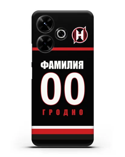 Именной чехол ХК Неман Гродно с фамилией и номером (сезон 2018-2019) черная форма силиконовый для Xiaomi Poco M6