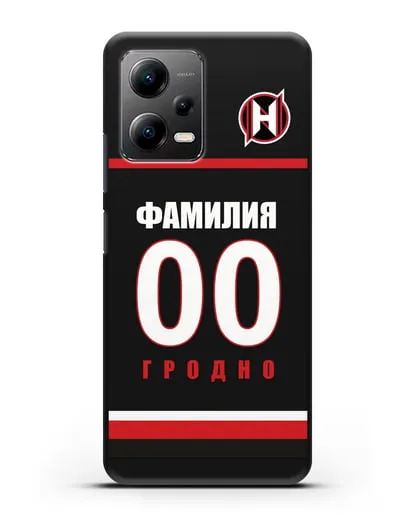 Именной чехол ХК Неман Гродно с фамилией и номером (сезон 2018-2019) черная форма силиконовый для Xiaomi Poco X5