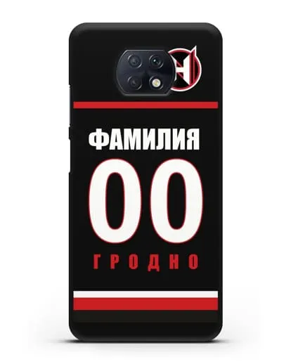 Именной чехол ХК Неман Гродно с фамилией и номером (сезон 2018-2019) черная форма силиконовый для Xiaomi Redmi Note 9T