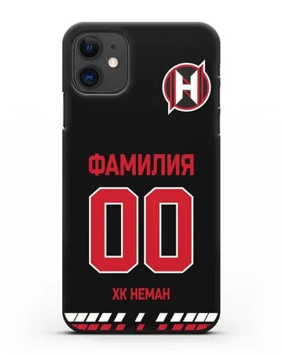Именной чехол ХК Неман Гродно с фамилией и номером (сезон 2019-2020) черная форма силиконовый для iPhone 11