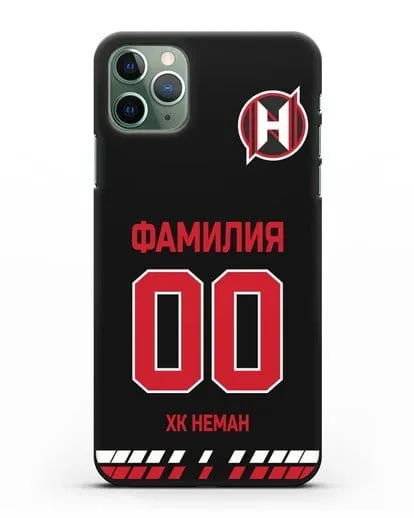 Именной чехол ХК Неман Гродно с фамилией и номером (сезон 2019-2020) черная форма силиконовый для iPhone 11 Pro Max