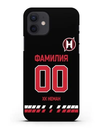 Именной чехол ХК Неман Гродно с фамилией и номером (сезон 2019-2020) черная форма силиконовый для iPhone 12
