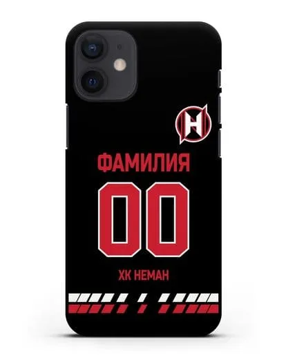 Именной чехол ХК Неман Гродно с фамилией и номером (сезон 2019-2020) черная форма силиконовый для iPhone 12 mini