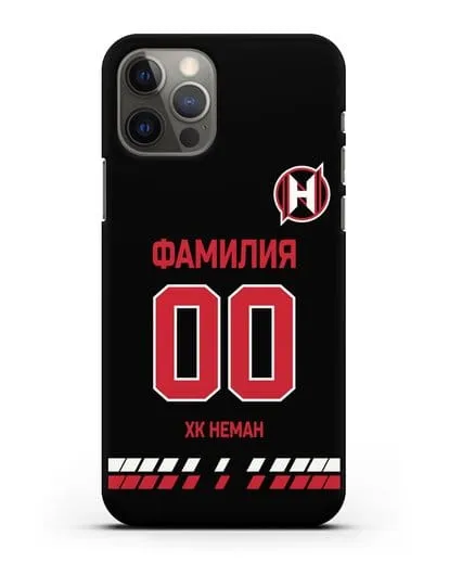 Именной чехол ХК Неман Гродно с фамилией и номером (сезон 2019-2020) черная форма силиконовый для iPhone 12 Pro