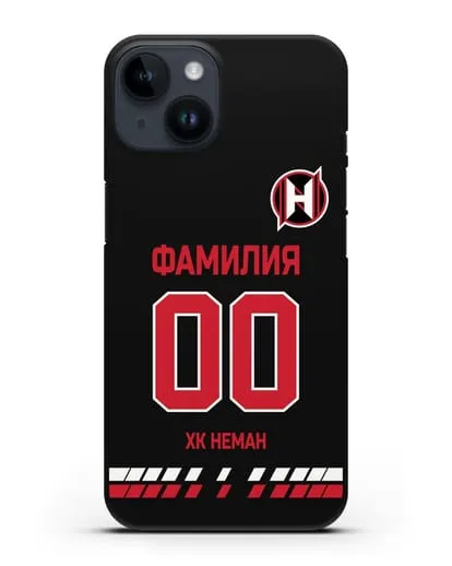 Именной чехол ХК Неман Гродно с фамилией и номером (сезон 2019-2020) черная форма силиконовый для iPhone 14
