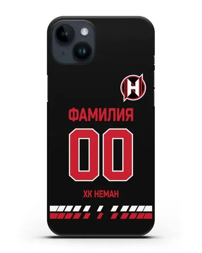 Именной чехол ХК Неман Гродно с фамилией и номером (сезон 2019-2020) черная форма силиконовый для iPhone 14 Plus