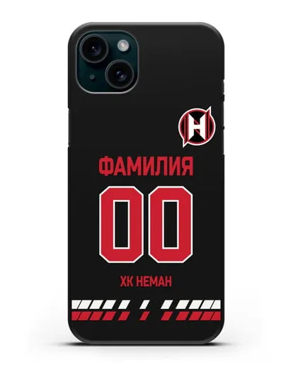 Именной чехол ХК Неман Гродно с фамилией и номером (сезон 2019-2020) черная форма силиконовый для iPhone 15 Plus