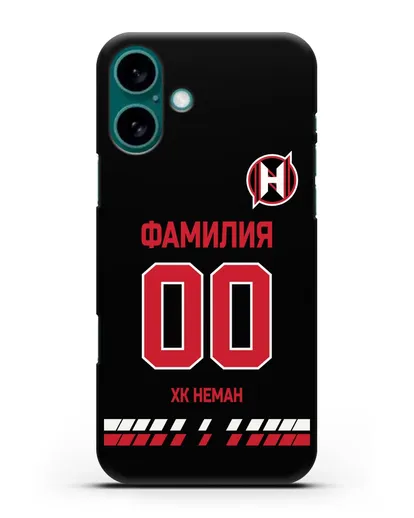 Именной чехол ХК Неман Гродно с фамилией и номером (сезон 2019-2020) черная форма силиконовый для iPhone 16 Plus