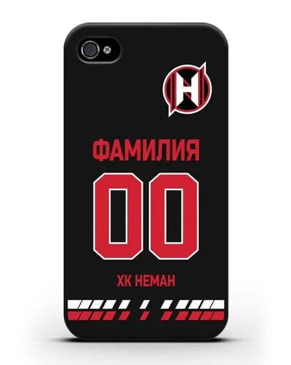 Именной чехол ХК Неман Гродно с фамилией и номером (сезон 2019-2020) черная форма силиконовый для iPhone 4/4s