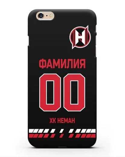 Именной чехол ХК Неман Гродно с фамилией и номером (сезон 2019-2020) черная форма силиконовый для iPhone 6 Plus