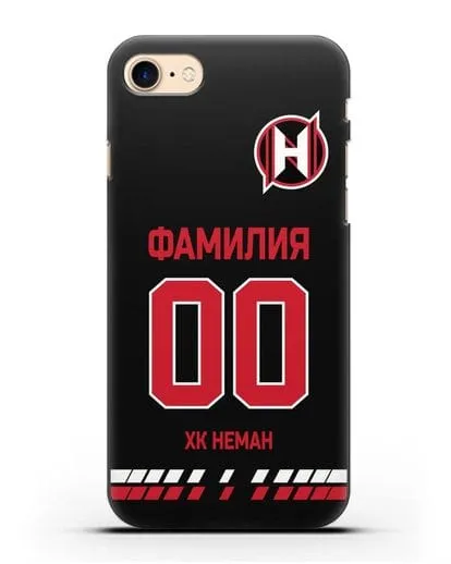 Именной чехол ХК Неман Гродно с фамилией и номером (сезон 2019-2020) черная форма силиконовый для iPhone 7