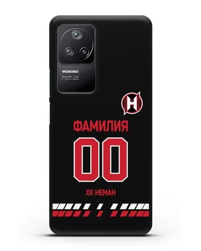 Именной чехол ХК Неман Гродно с фамилией и номером (сезон 2019-2020) черная форма силиконовый для Xiaomi Poco F4