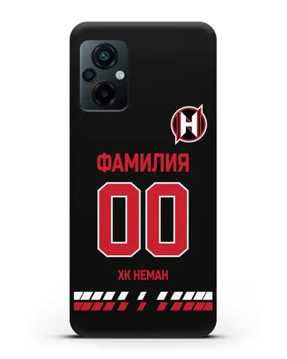 Именной чехол ХК Неман Гродно с фамилией и номером (сезон 2019-2020) черная форма силиконовый для Xiaomi Poco M5