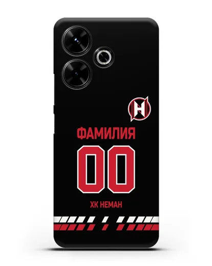 Именной чехол ХК Неман Гродно с фамилией и номером (сезон 2019-2020) черная форма силиконовый для Xiaomi Poco M6