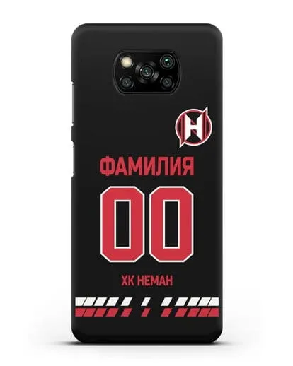 Именной чехол ХК Неман Гродно с фамилией и номером (сезон 2019-2020) черная форма силиконовый для Xiaomi Poco X3