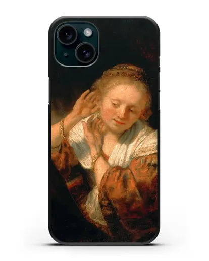 Чехол Молодая женщина, примеряющая серьги (Рембрандт Харменс ван Рейн) силиконовый для iPhone 15 Plus