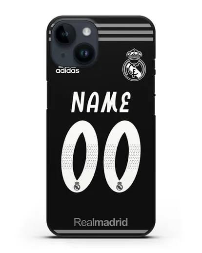 Именной чехол Реал Мадрид с фамилией и номером (сезон 2018-2019) черная форма силиконовый для iPhone 14