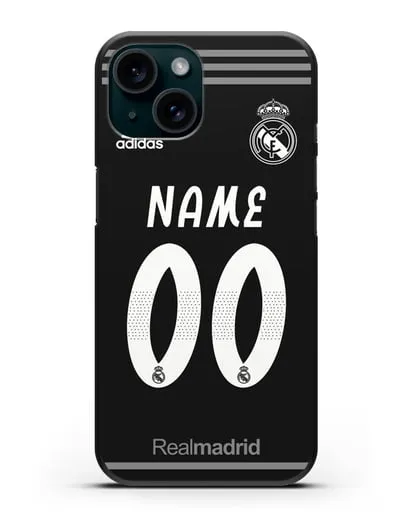 Именной чехол Реал Мадрид с фамилией и номером (сезон 2018-2019) черная форма силиконовый для iPhone 15