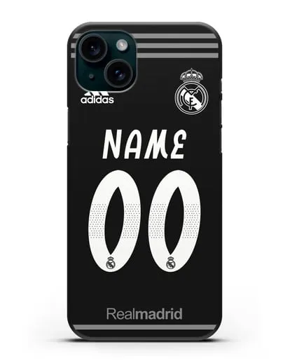 Именной чехол Реал Мадрид с фамилией и номером (сезон 2018-2019) черная форма силиконовый для iPhone 15 Plus