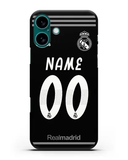 Именной чехол Реал Мадрид с фамилией и номером (сезон 2018-2019) черная форма силиконовый для iPhone 16 Plus