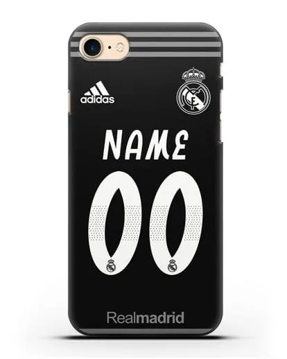 Именной чехол Реал Мадрид с фамилией и номером (сезон 2018-2019) черная форма силиконовый для iPhone 8