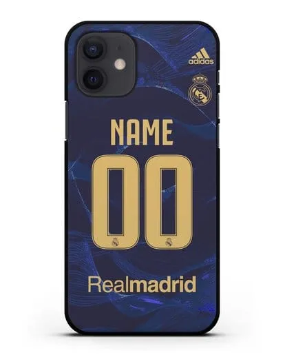 Именной чехол Реал Мадрид с фамилией и номером (сезон 2019-2020) синяя форма силиконовый для iPhone 12